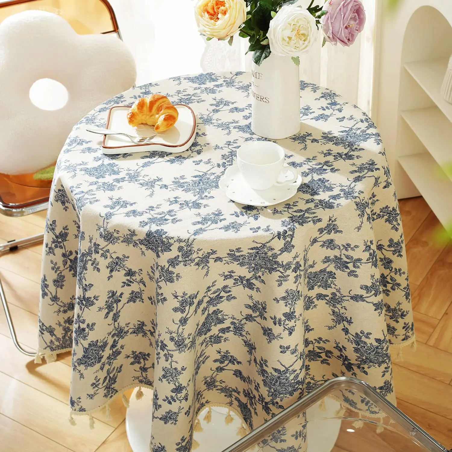 Pastoral Round Vintage Cotton Linen Washable Table Cloth Blue Flower Table Cover for Patio Table Dining Room Decor table cloth