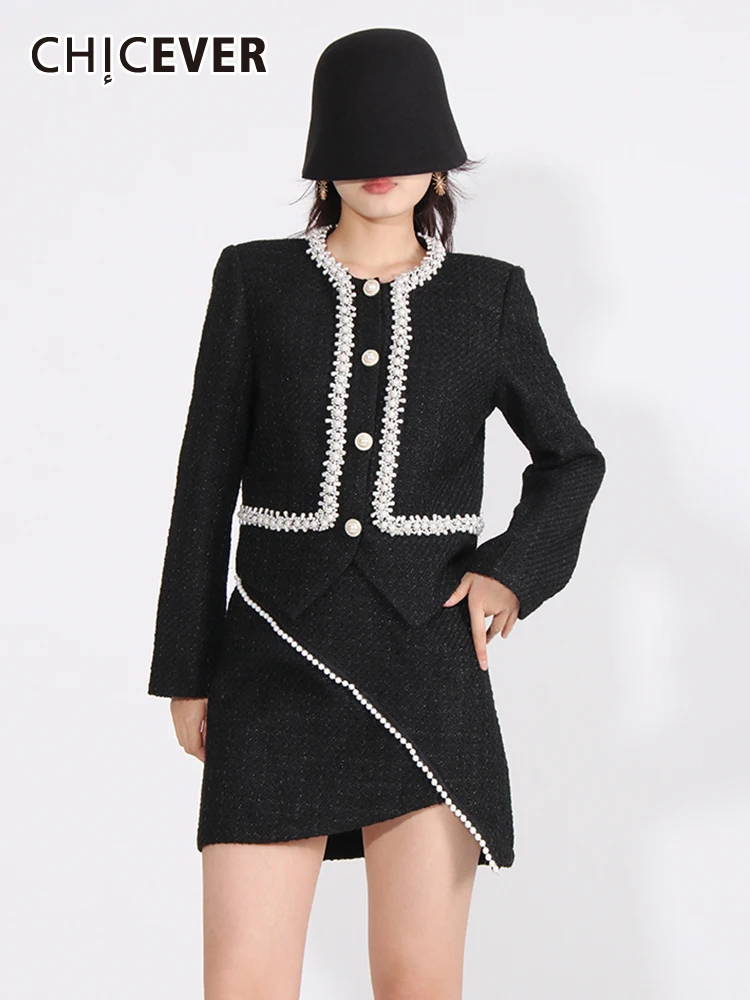 

CHICEVER Elegant Two Piece Set For Women Round Neck Long Sleeve Patchwork Coat High Waist Irregular Mini Skirt Slim Sets Female