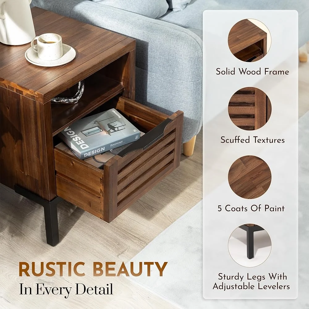 Solid Acacia Wood Nightstand with Drawers Open Shelf Pre-Assembled Rustic Industrial Modern Side Table Home Storage Decor 4