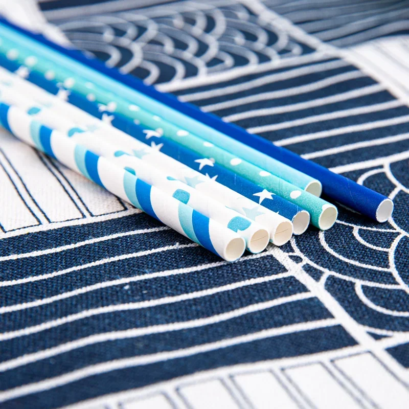 Kraft Paper Disposable Paper Straws, Degradable, Environmentally Friendly, Toilet Paper, Blue Series, Straight Straws