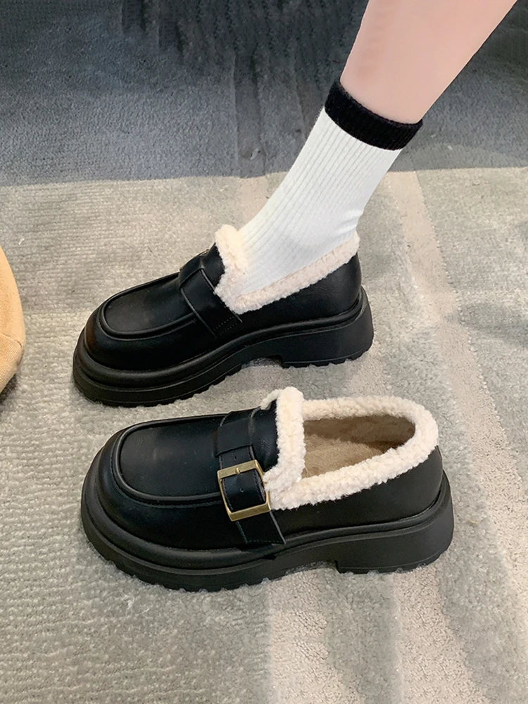 

All-Match Women's Shoes Platform Casual Female Sneakers Oxfords Loafers With Fur Autumn Round Toe Clogs Leather Slip-on Winter N