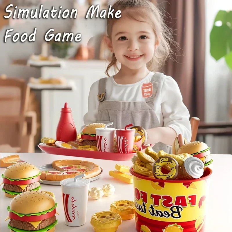 Kid Kitchen Toy Set Simulation Make Hamburger Pizza Fries Pretend Play Food Cooking Cutting Game Montessori Interactive Toy Gift 6