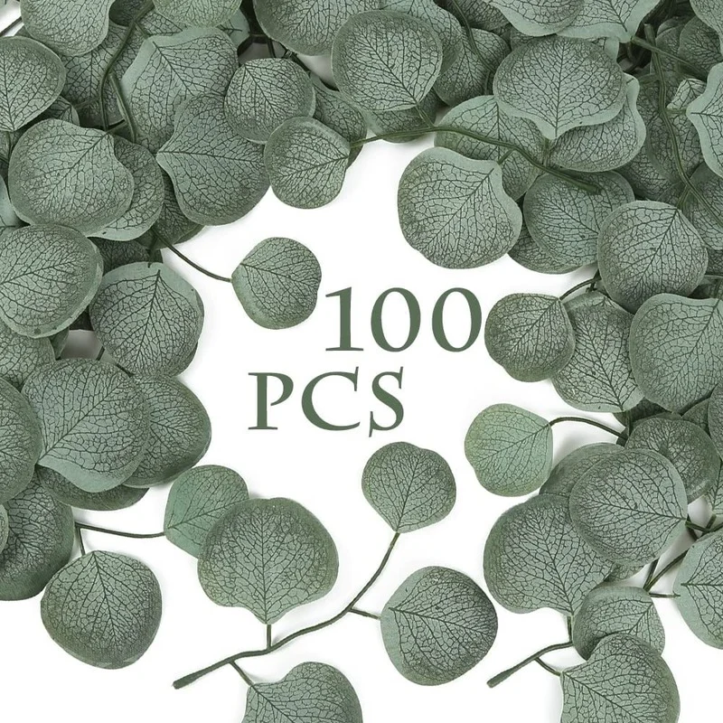 100pcs Fake Leaves Faux Silver Dollar Eucalyptus Leaves Rose Leaves