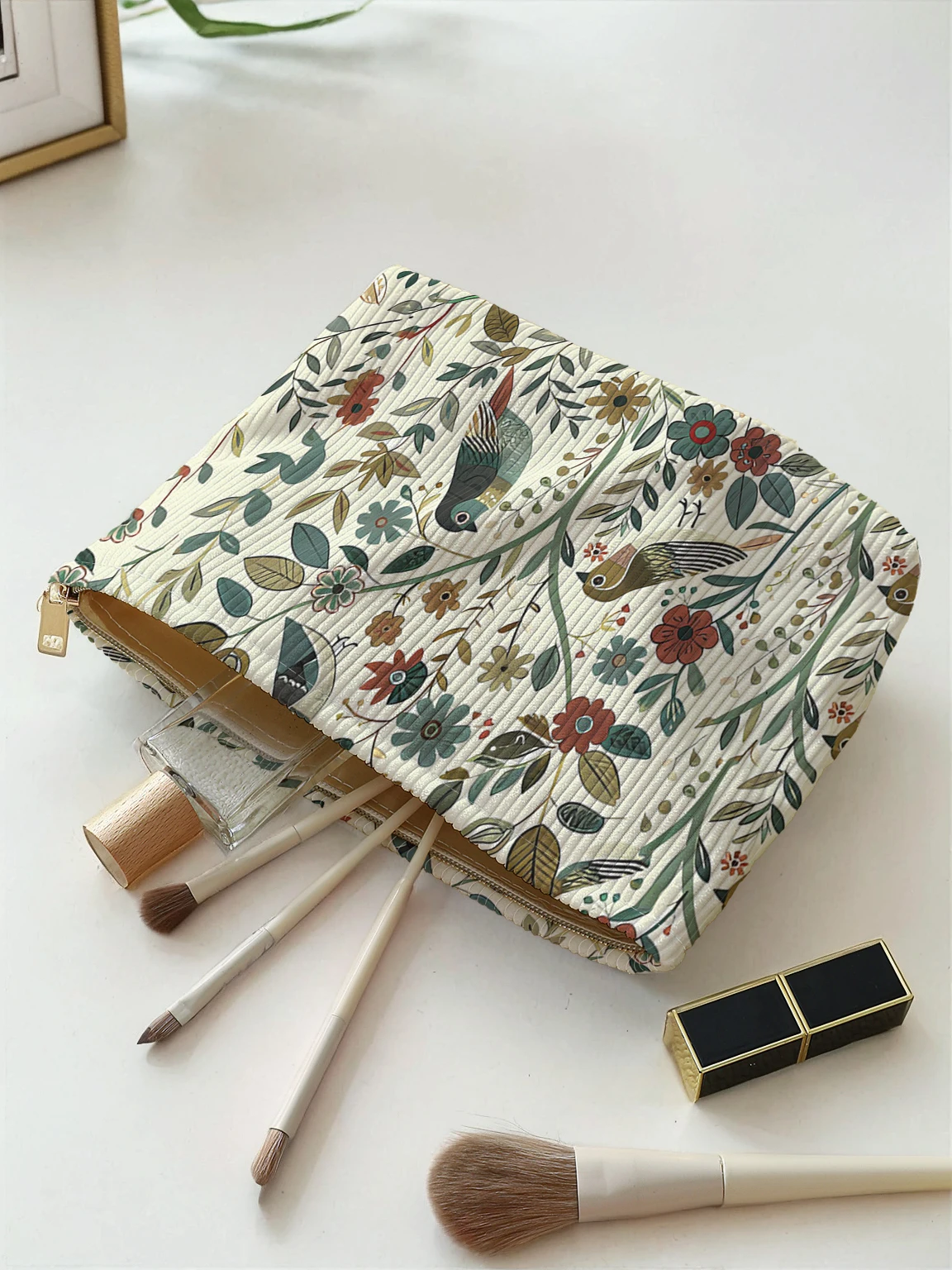 1pc，Branch bird pattern corduroy zipper makeup bag, lightweight and multifunctional cosmetic storage bag