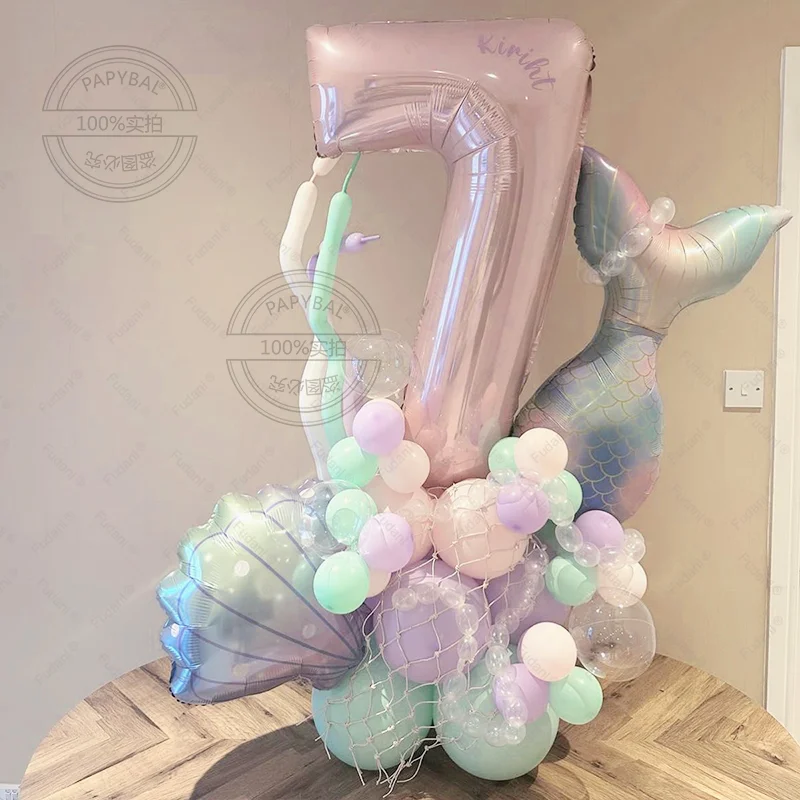 43 Stück/Set Meerjungfrauenschwanz mit bunten Muscheln, digitaler Aluminiumfolienballon 1–9, geeignet für Geburtstagsfeiern, Jubiläumsabschluss