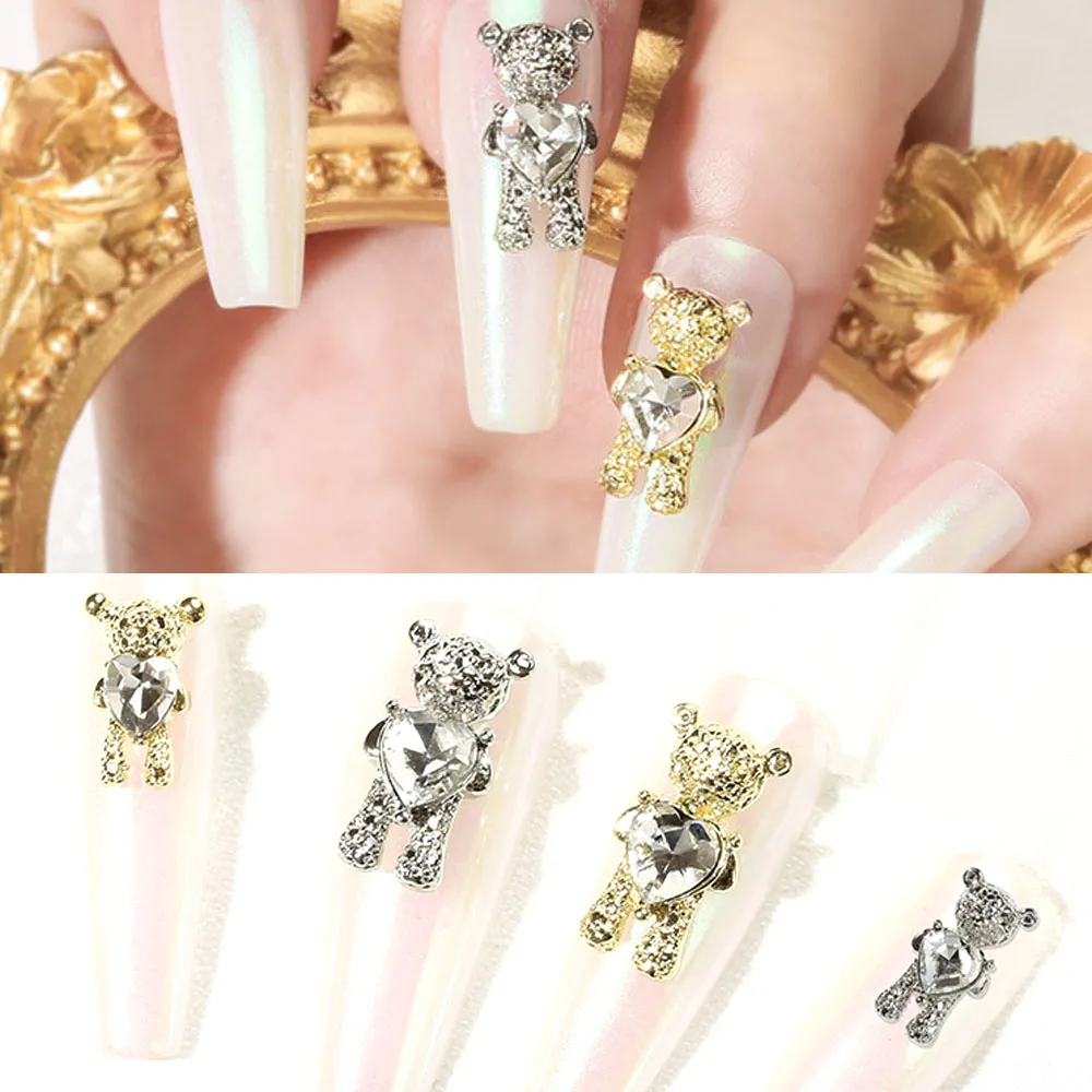 

100pcs/Bag 3D Alloy Bear Heart Design Nail Art Charms Rhinestones Cute Gold/Silver Decoration Accessories Bulk Nail Jewelry