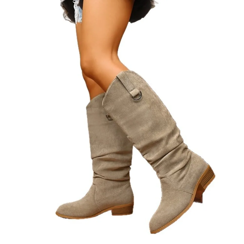 2025 Winter Pointed Toe Women Knee High Boots Fashion Thick Heels Stripper Booties Shoes Zapatos De Mujer