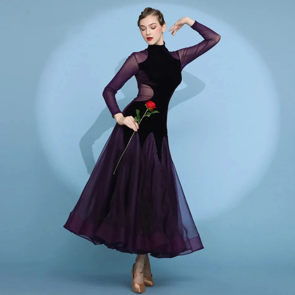 Dark Purple Velvet Stitching High-collar Standard Ballroom Dance Dress Tango Costumes Ball Gown Dance Waltz Dress Fringe
