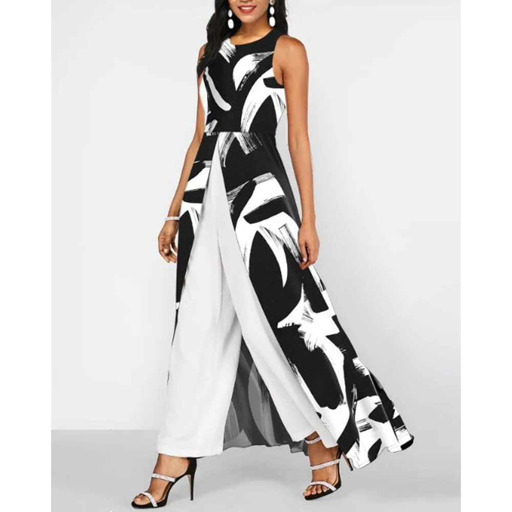 Elegant Women Patchwork Print Sleeveless Wide Leg Jumpsuit New High Slit Office Lady Summer One-Piece Jumpsuit Overall Workwear sexy artifical silk women jumpsuit elegant deep v neck sleeveless pencil pants one piece office lady female overall party romper