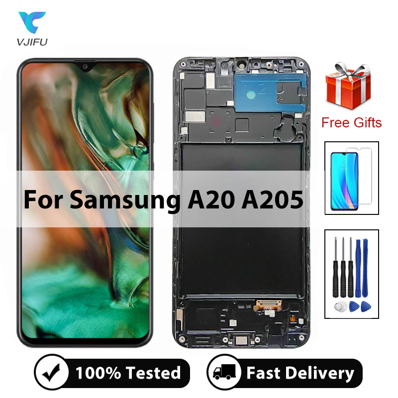 ЖК-дисплей для Samsung Galaxy A20 A205 SM-A205F A205GN A205U, дисплей с сенсорным экраном и дигитайзером в сборе, запасные части с рамкой