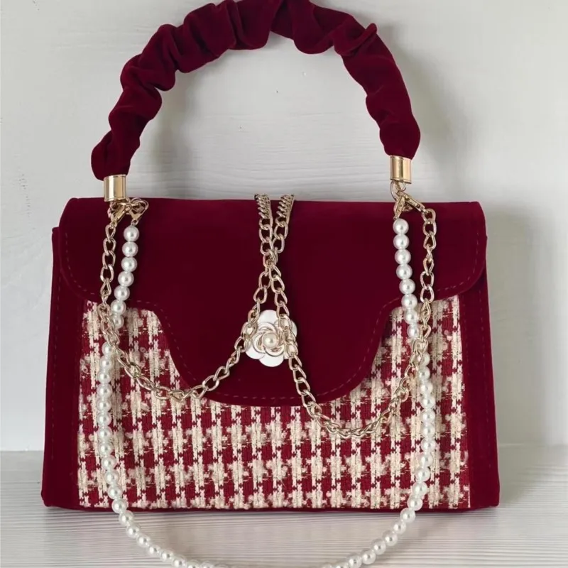 JIAERDI Vintage Red Velvet Handbag Purse Women Wedding Pearl Handle Square Messenger Bag Female Casual Crossbody Bags 2025 New