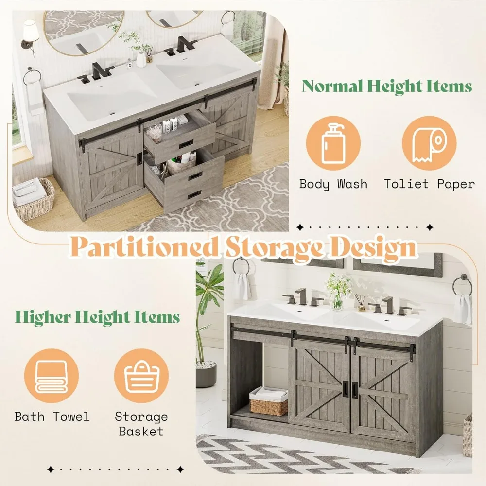 Double Bathroom Vanity with Sink, 61in Bathroom Storage Cabinet with Sliding Doors & Drawers, Dual Basin,Double Bath Vanity Sink 4