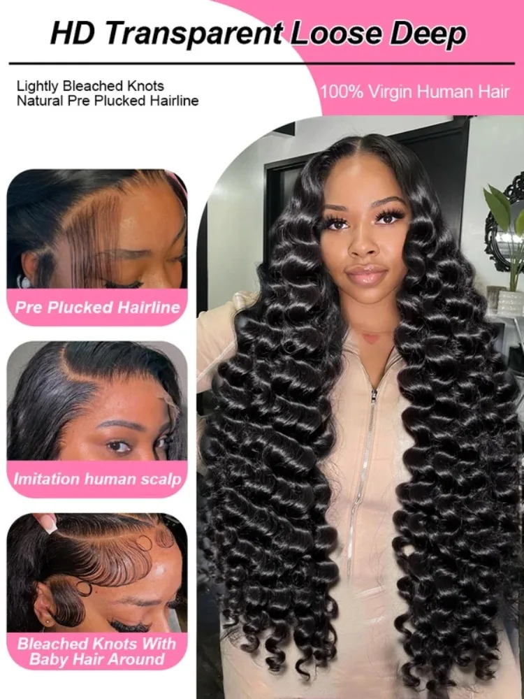 250 Density 30 40 Inch Loose Deep Wave Lace Frontal Wig 13x6 Hd Curly Human Hair Wigs Water Wave Pre plucked Lace Front Wig