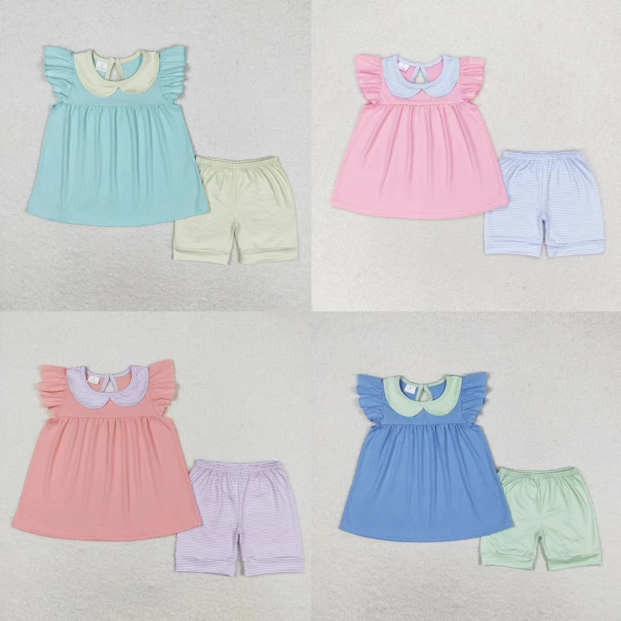 

Оптовая продажа, летний комплект для маленьких девочек, шорты в полоску и с коротким рукавом, красочные хлопковые топы, комплект из двух предметов для младенцев
