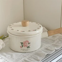 Poêle à Lait en Émail avec Couvercle, Vintage Rose, Marmite de Cuisine, Offre pour Bébé, Petit Pot à Soupe Noire, Ustensiles de Cuisine 1