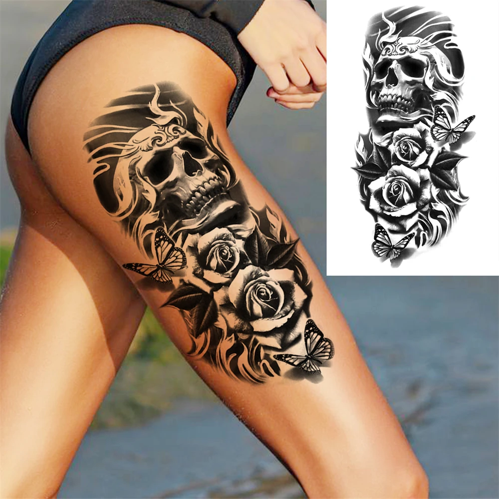 Death Skull Flower Temporary Tattoo Sticker For Women Girls
