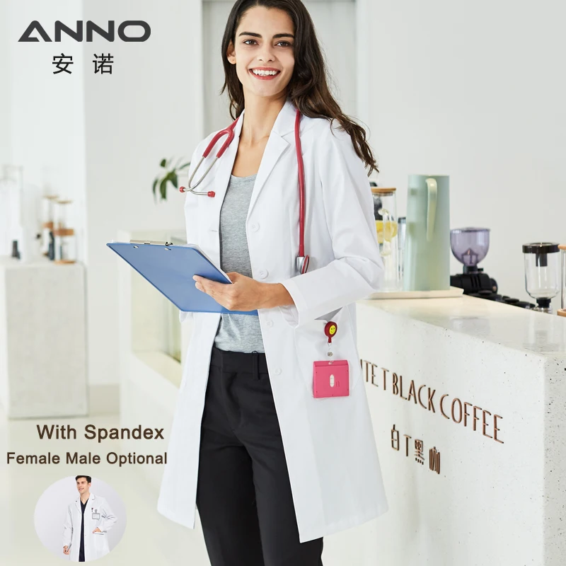 ANNO Long Sleeve Lab Uniforms With Spandex Elastic Work Out Wear Pharmacy Coat Chemistry Male Female White Doctor Gown