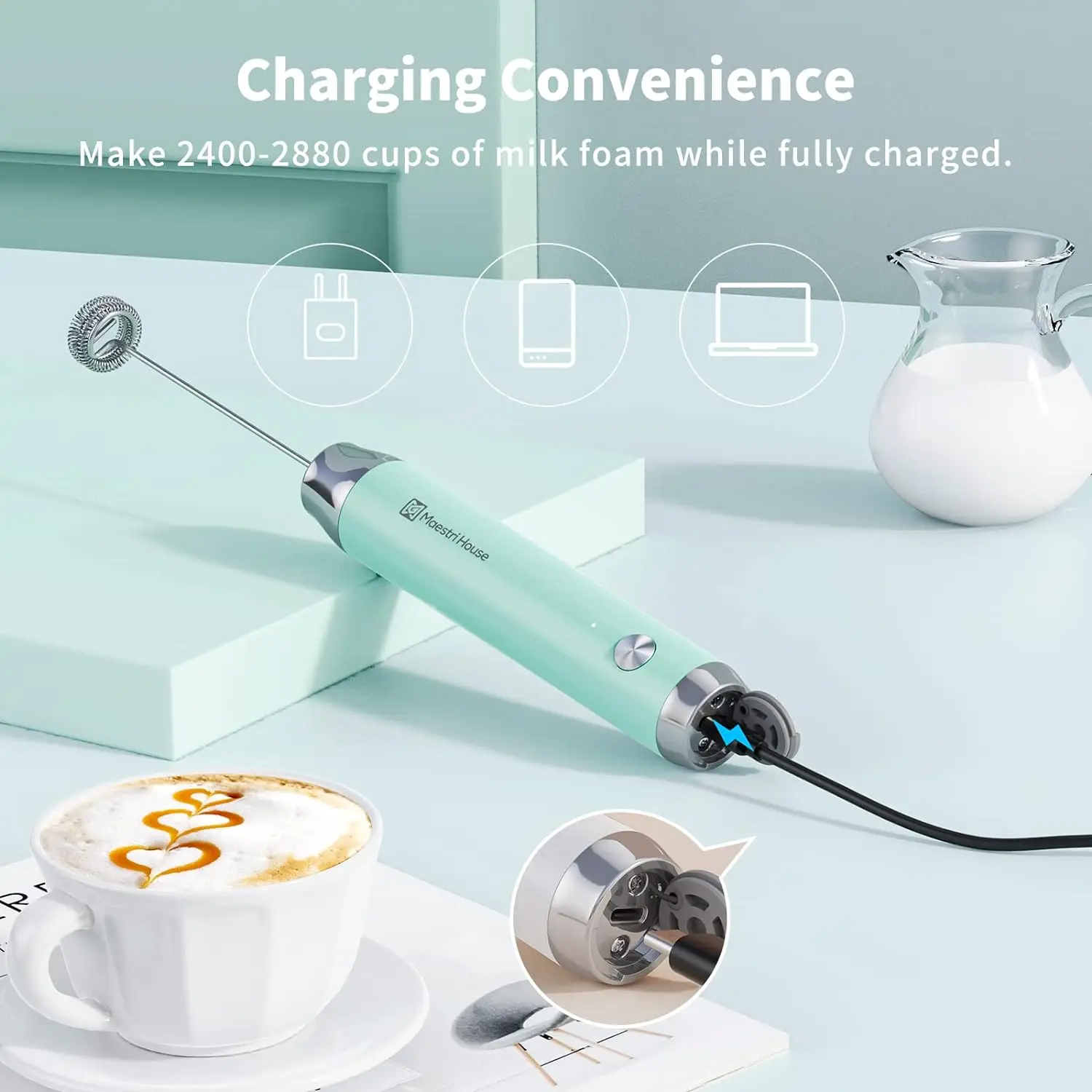 Maestri House Milk Frother USB-C Rechargeable Wireless Handheld Blender for Coffee Lattes Cappuccino Hot Chocolate Foam Maker 6