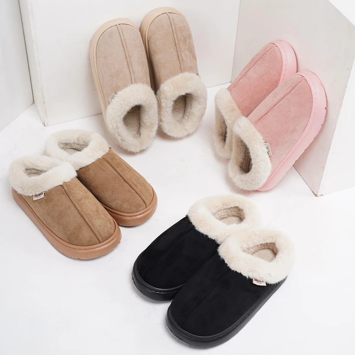 Comwarm Platform Fluffy Slippers Women Fashion Fuzzy Slippers House Plush Winter Women Shoes Home Cotton Shoes Large Size