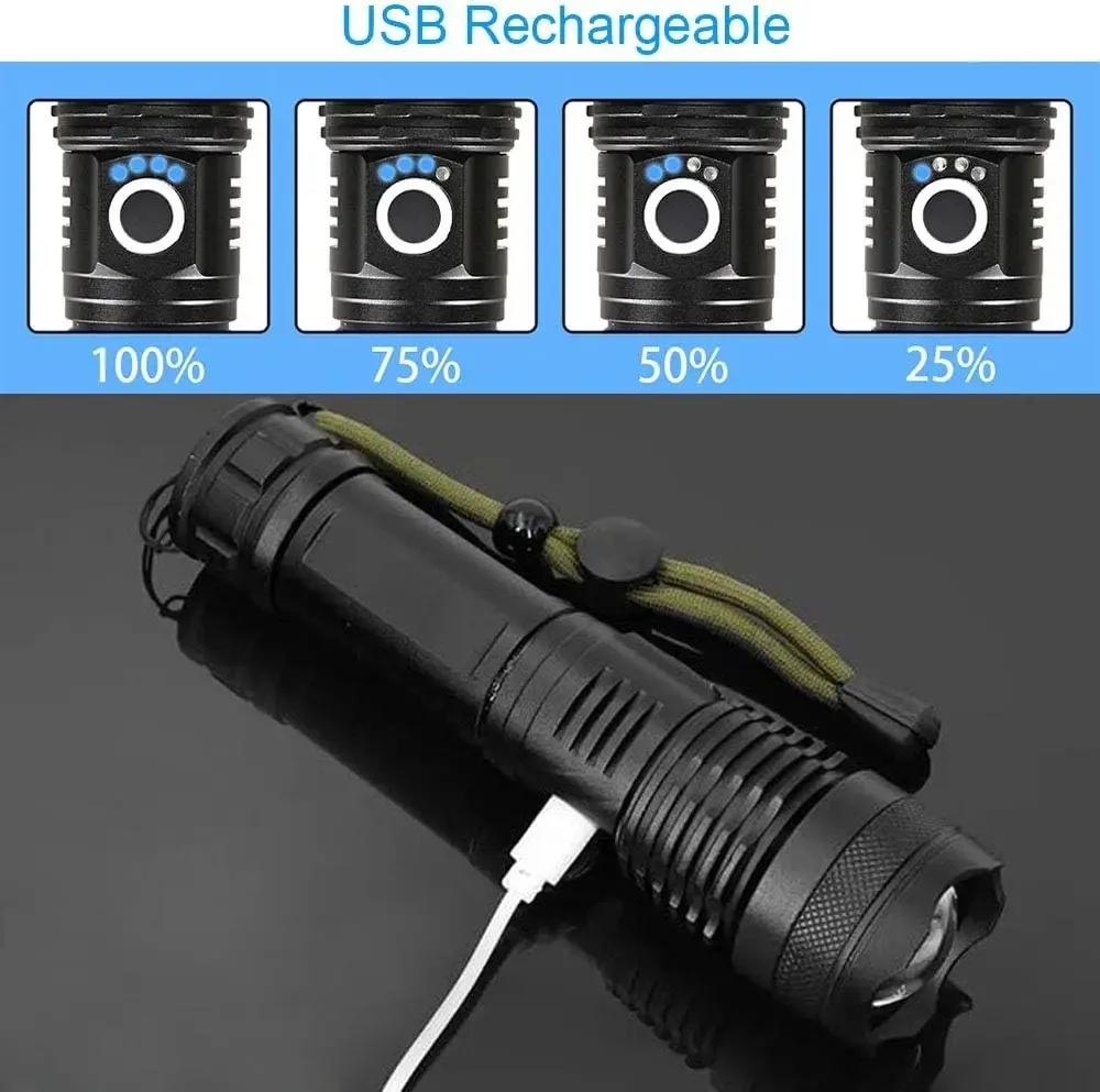 USB 충전식 고출력 전술 플래시 라이트, 야외 캠핑, 하이킹, 사냥용 초강력 LED 휴대용 손전등