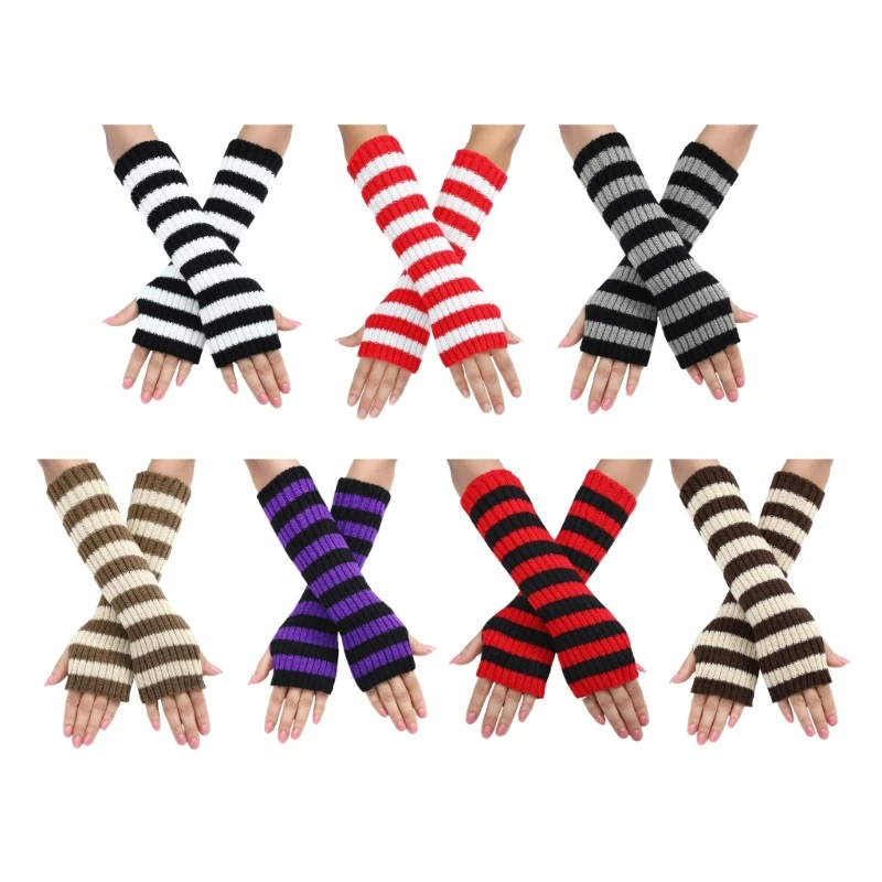 Teenagers Winter Half Finger Mitten Stripe Pattern Knit Keep Warm Lengthen Wrist цена и фото