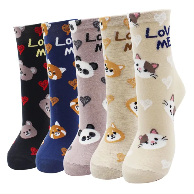 4-5 Pairs Newest Colorful Harajuku Korean Kawaii Cute Women Socks Cartoon Cat Dog Owl Stripe Avocado Girl Cotton Socks 5 pairs-AYT004