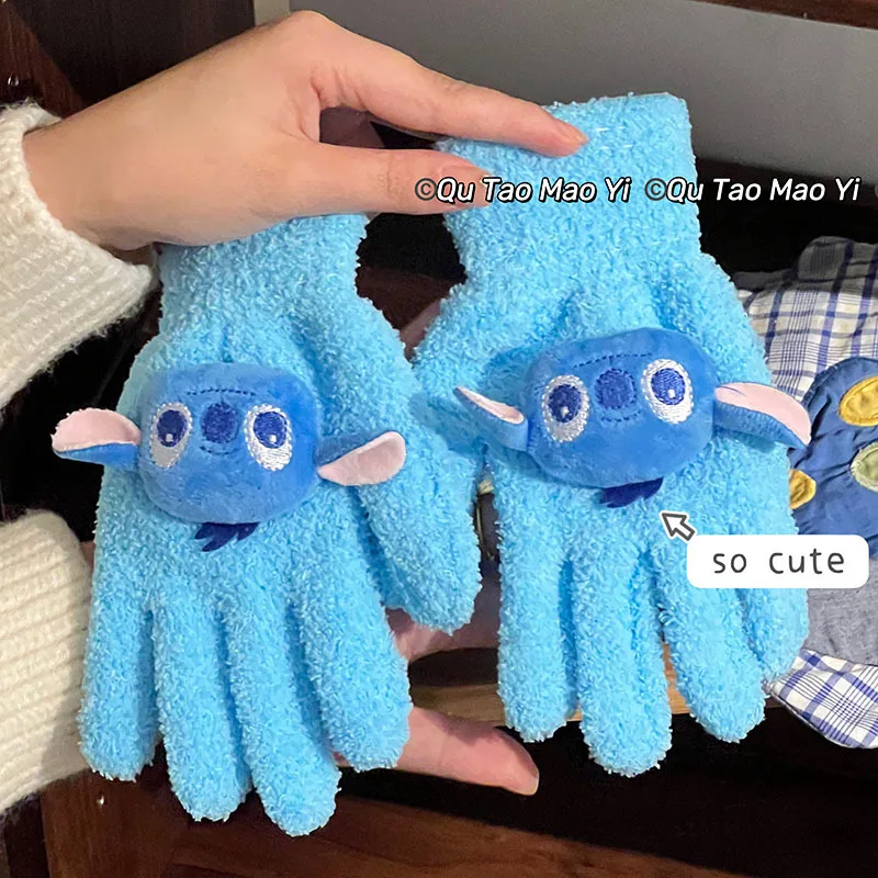 

Disney Lilo Stitch Gloves Kids Anime Kawaii Winter Warm Thickened Mittens Student Cycling Outdoors Knit Accessories Toy Gifts