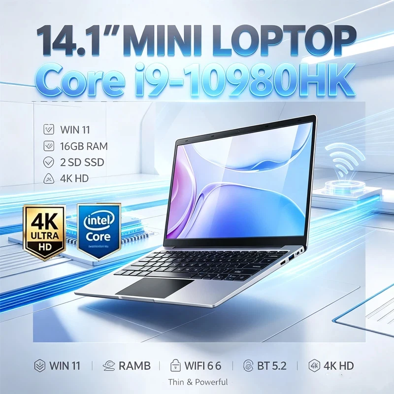 لابتوب نحيف للغاية 14.1 بوصة مع معالج إنتل I9-10980HK ونظام ويندوز 11 برو وذاكرة 16 جيجابايت وقرص صلب 2 تيرابايت وشاشة FHD وواي فاي 6 وبلوتوث 5.2 للألعاب والمكتب والطلاب