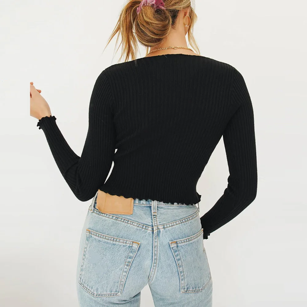 

Cropped Cardigan Sweater Women Buttoned V Neck Long Sleeve Ribbed Knit Crop Top Cardigans Frill Edged Slim Sexy Black Sweaters