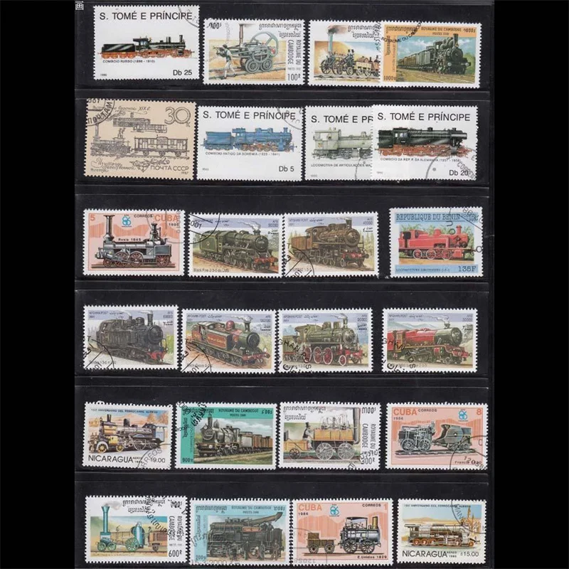 No Repeation Topic Steam Train Usused Postage Stamps With Post Mark For Collection 50 PCS postage stamps stickers