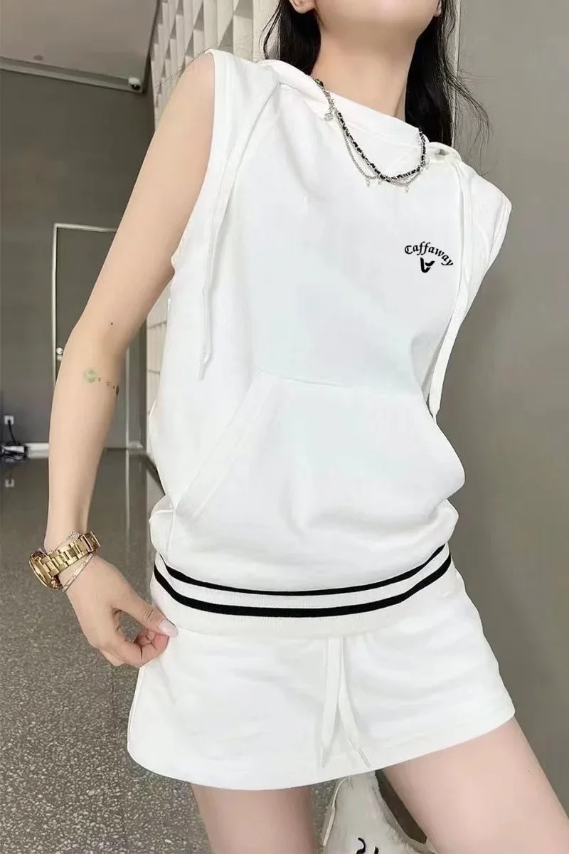 

Hooded Sleeveless Vest 2024 Summer Women Korean Golf Dress Set Light Soft Golf Wear T-shirt Skirt Ladies Fashion Golf Waistcoat