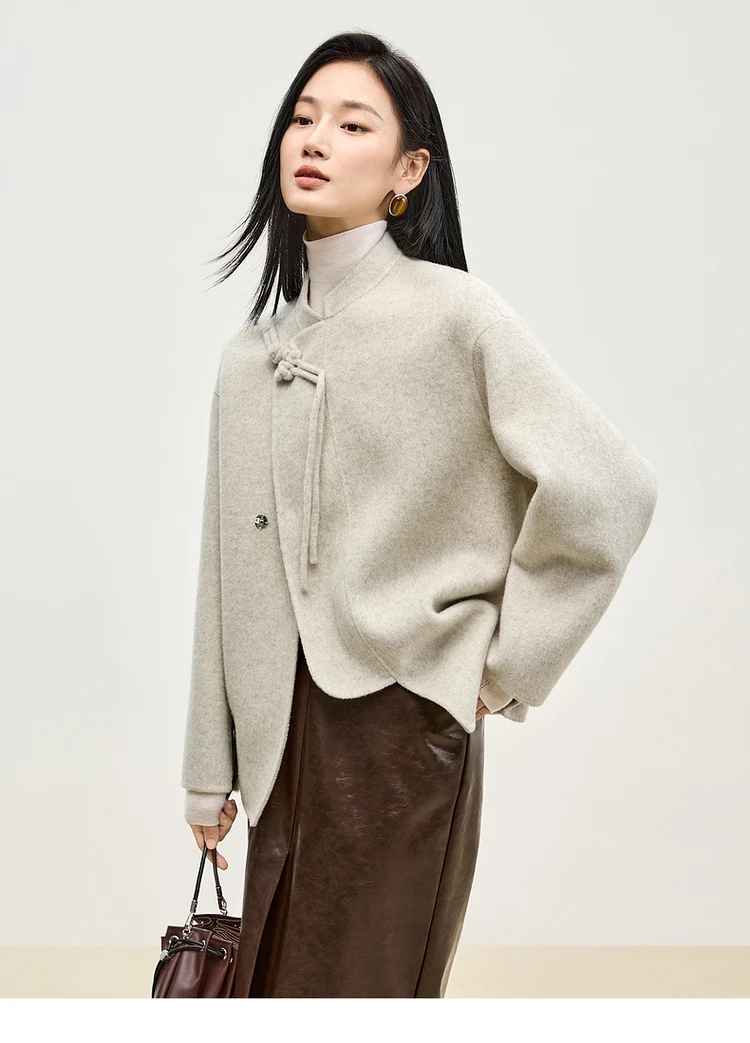 Woolen Coat milk tea    Women’s Japanese Chinese style Straight double sided coats outwear tassels button-up  Stand neck collar Irregular temperament overcoat womens wool Jackets outerwear