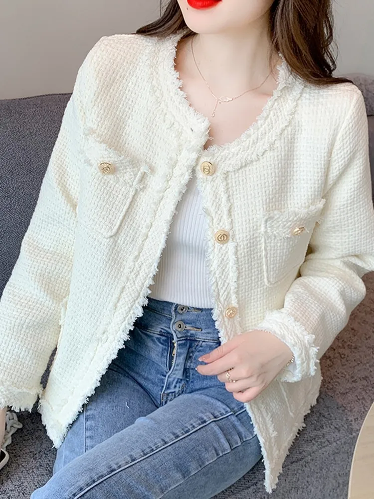 

Женское шерстяное пальто с бахромой, Элегантное маленькое очаровательное пальто во французском стиле с карманами, твидовая белая Корейская куртка, верхняя одежда