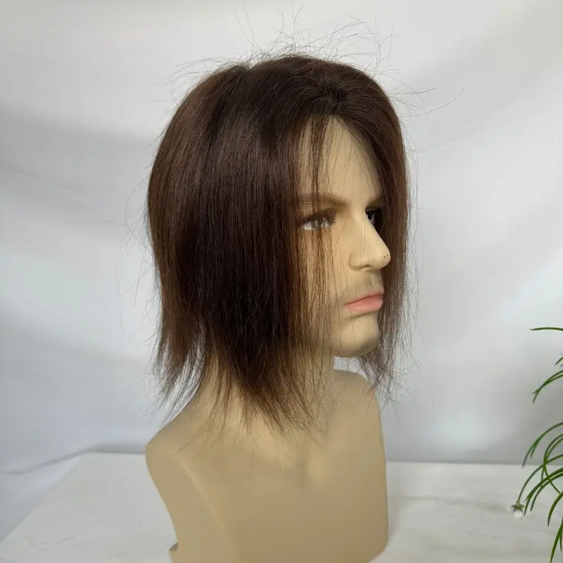 Pwigs Brown 3# Color Mono Base with PU Men's Toupee 100% Indian Human Hair System Npu 8x6 inch Base Size Toupee for Men Hair 3