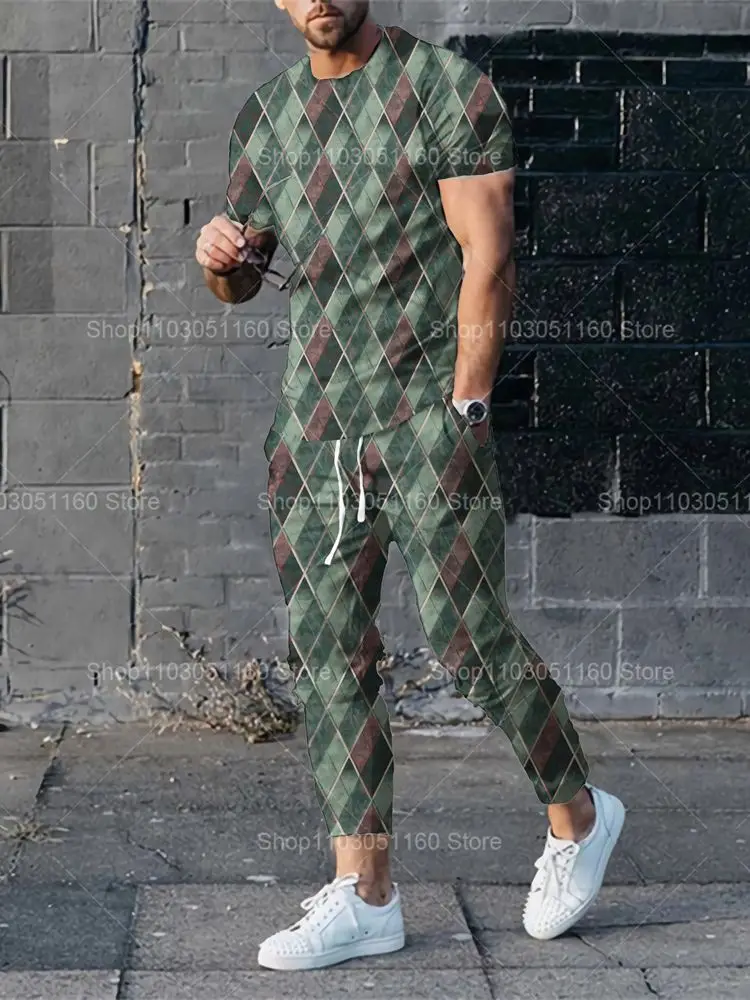 MenSummerTShirtPants2PieceSetsPrintTshirtsTrousers