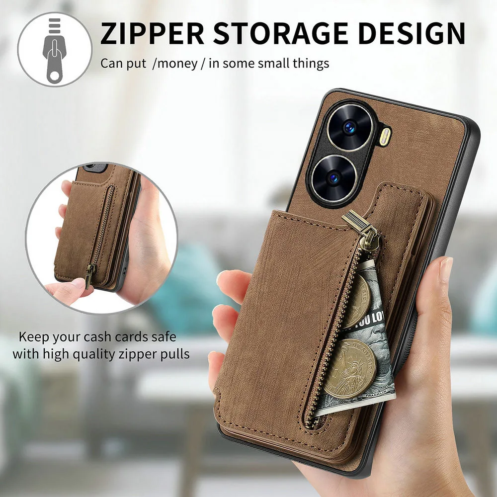 Zipper Leather Card Case with Magnetic Phone Holder and Back Cover