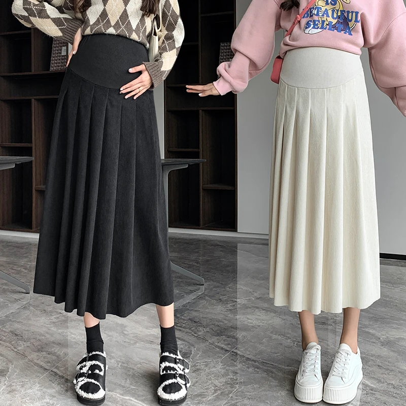 Autumn and Winter Maternity Woolen Skirts Preppy Style Long Loose Pregnant Women Pleated Skirt High Waist Pregnancy Full Skirt