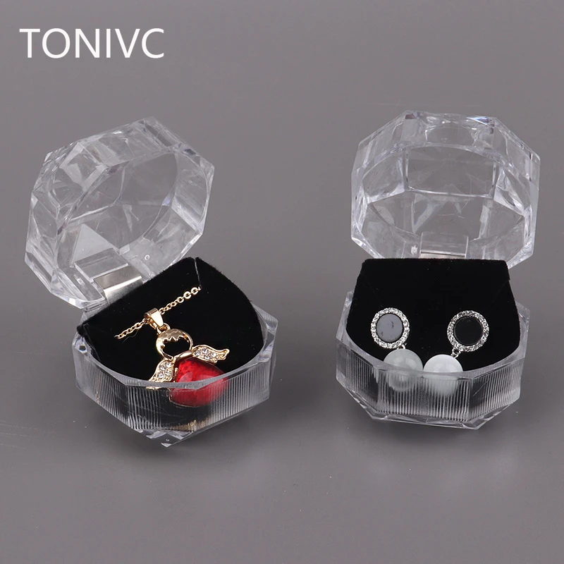 TONVIC Plastic Octagonal Transparent Stud Earrings Box Display Ring Box Jewelry Packaging Holder Organizer Case