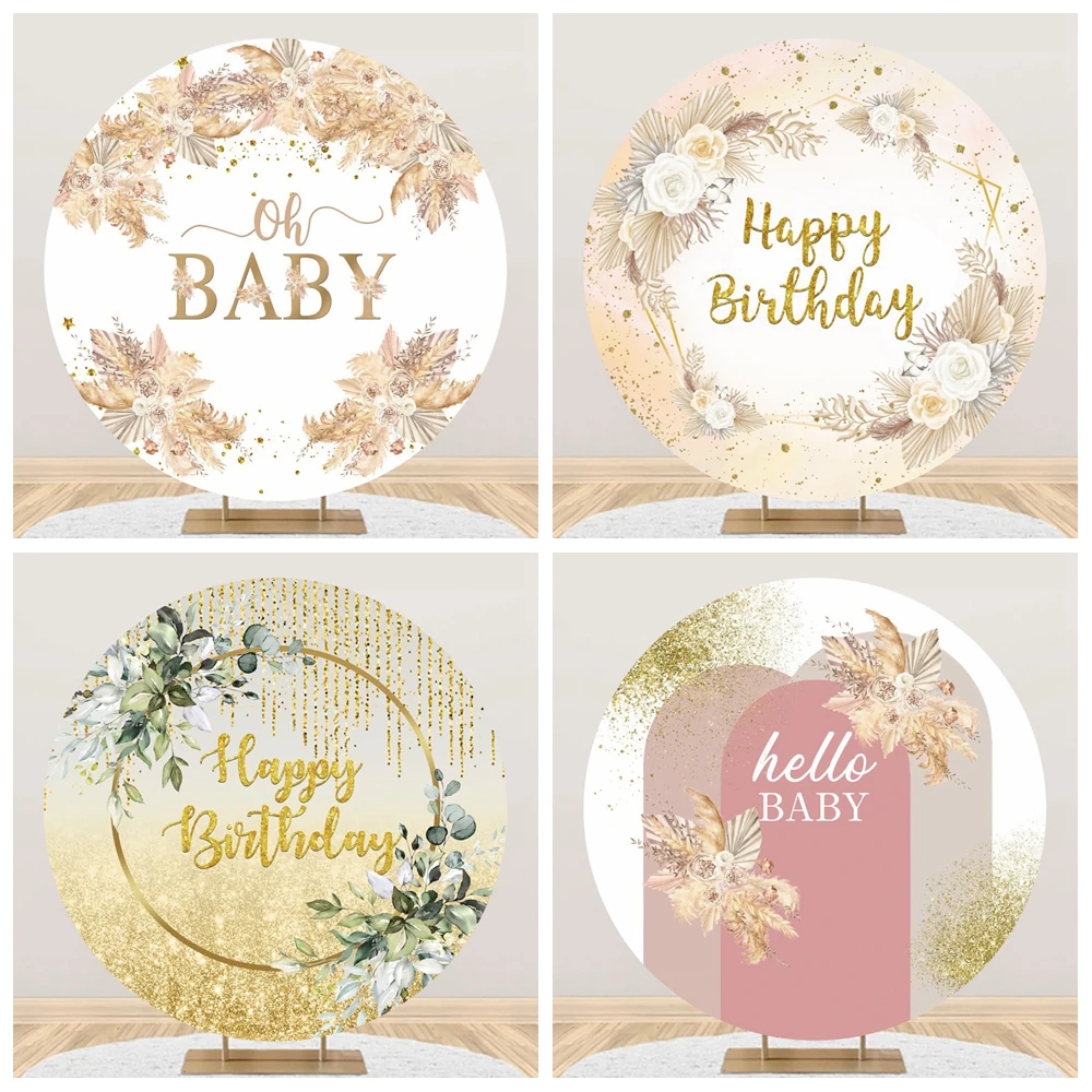 Toile de fond ronde Boho blanc floral jaune pour anniversaire