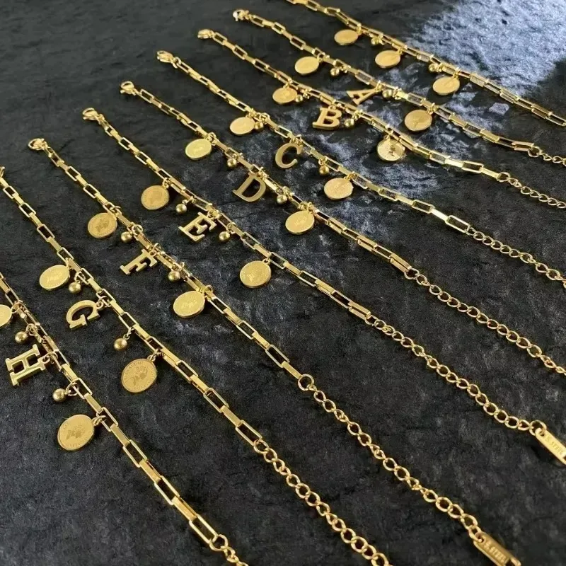 Luxury Stainless Steel Bracelet Golden Queen Coin 26 Letters Pendant Chains Accessories for Women Simple Jewelry Gift