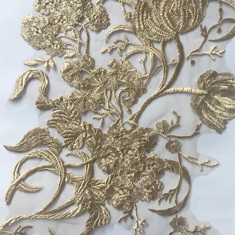 Elegant Gold Embroidery Lace Fabric Applique for DIY Fashion and Decoration