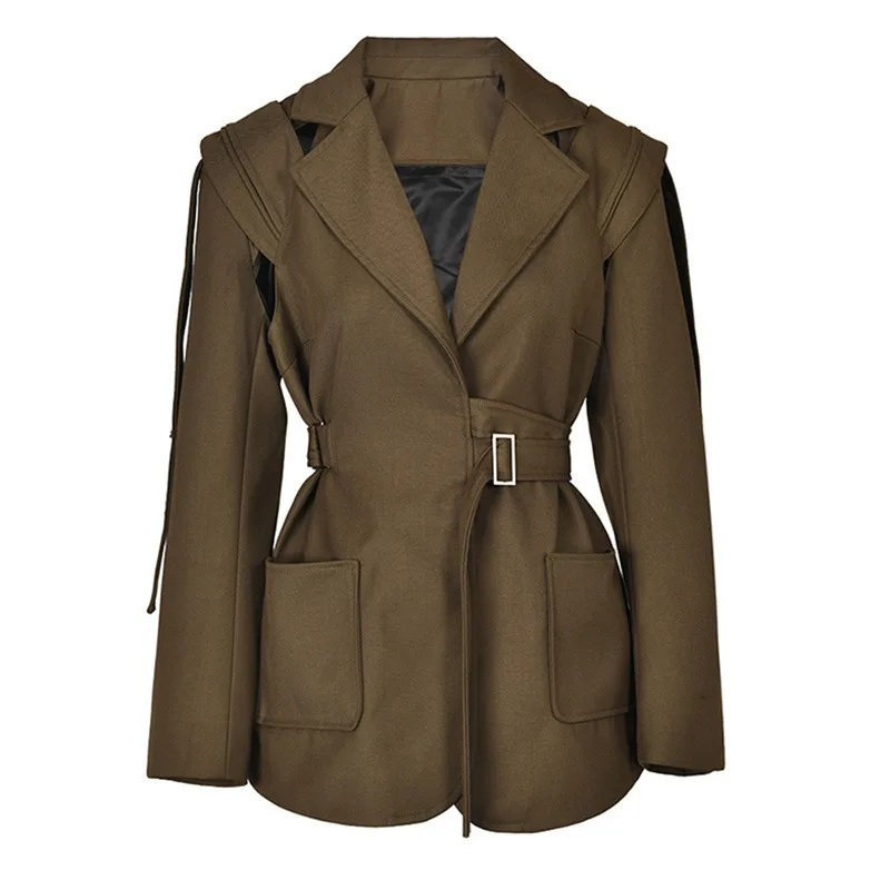 

Brown Pocket Belted Blazer Women Big Size New Lapel Long Sleeve Loose Fit Jacket Fashion Tide Spring Autumn 2023 1DF336616