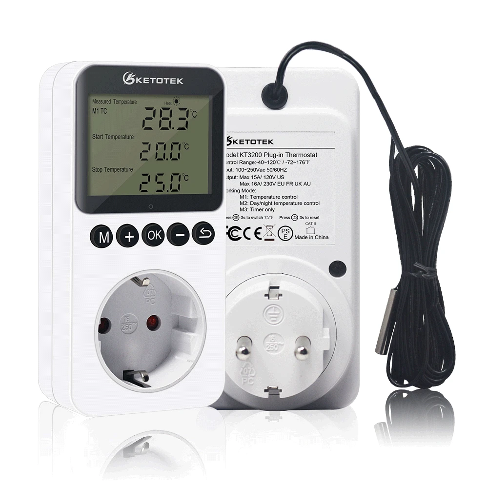 KT3200 Temperature Controller Digital Plug-in Thermostat Timer Switch Socket Heating Cooling Day/Night Control
