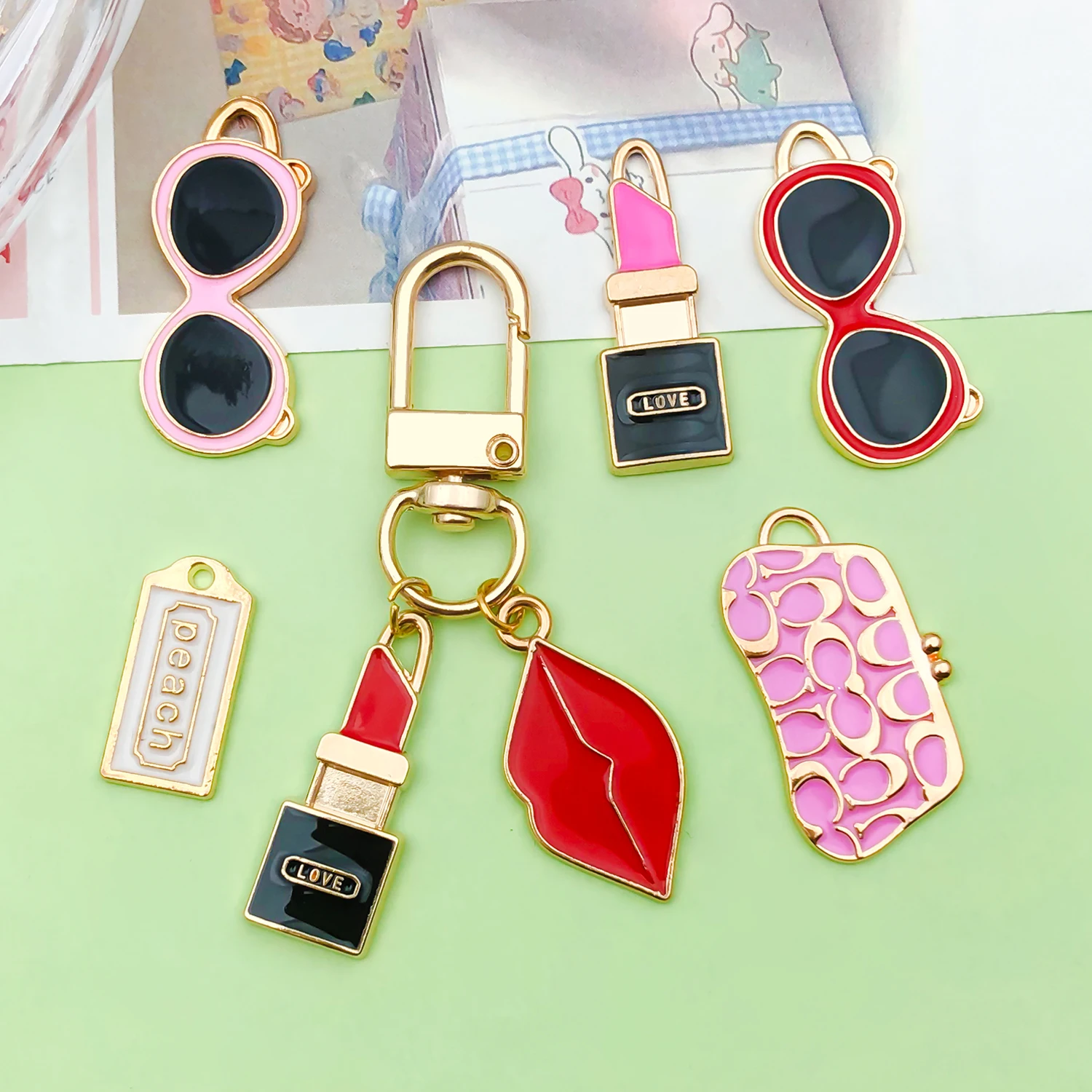Enamel Women's Charms 10pcs Alloy Lipstick Bags Sunglasses Red lips Pendants For DIY Jewelry Making Accessories