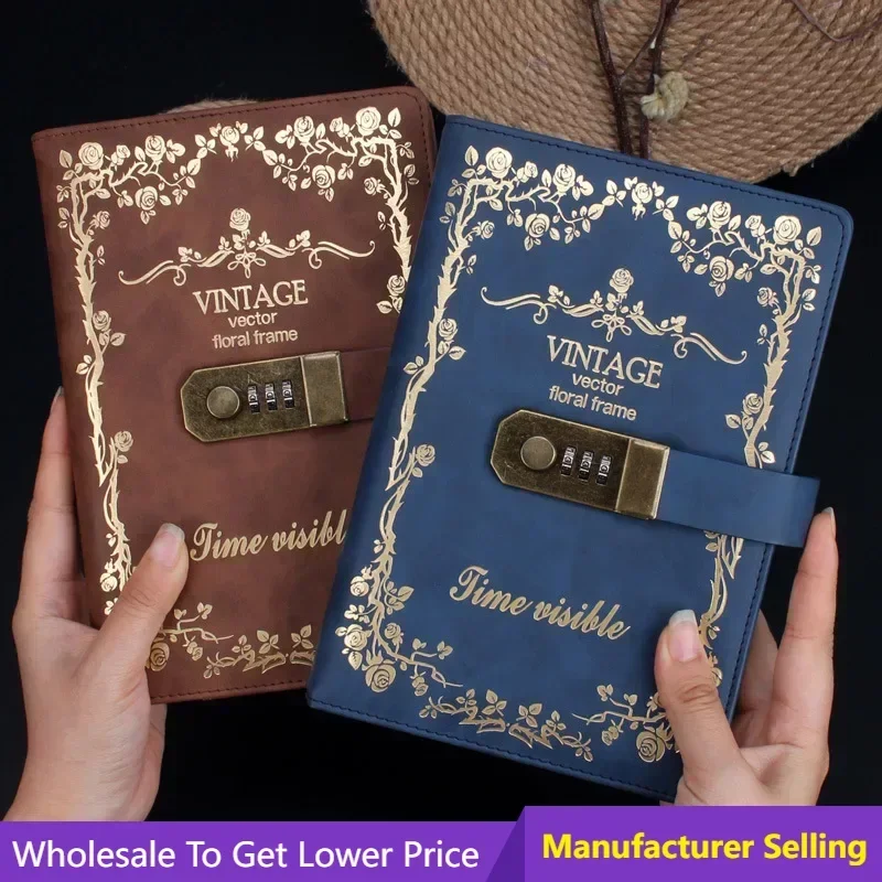 2024 Notebook Retro European Diary With Lock Thickened Antique Password Notebook Stationery Gift Journal