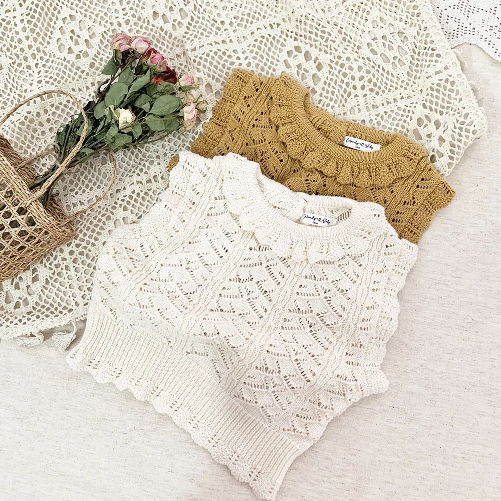 deer jonmi Spring Korean Style Baby Girls knitted Hollow Out Vests Sleeveless Pullovers Tops Ruffles Kids Cotton Waistcoats