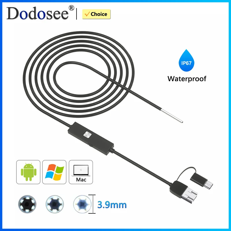 Dodosee 3.9mm HD Endoscope 3 in 1 Car Inspection Borescope 720p Mini Camera for Android Mac Windows Micro USB Type C 1