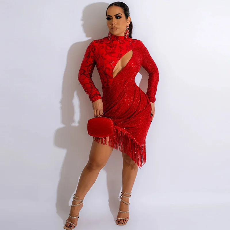 

Sexy Cut Out Glitter Sequin Dress Women Nightclub Long Sleeve Tassels Bodycon Mini Dress Elegant Celebrity Irregular Dress Robe