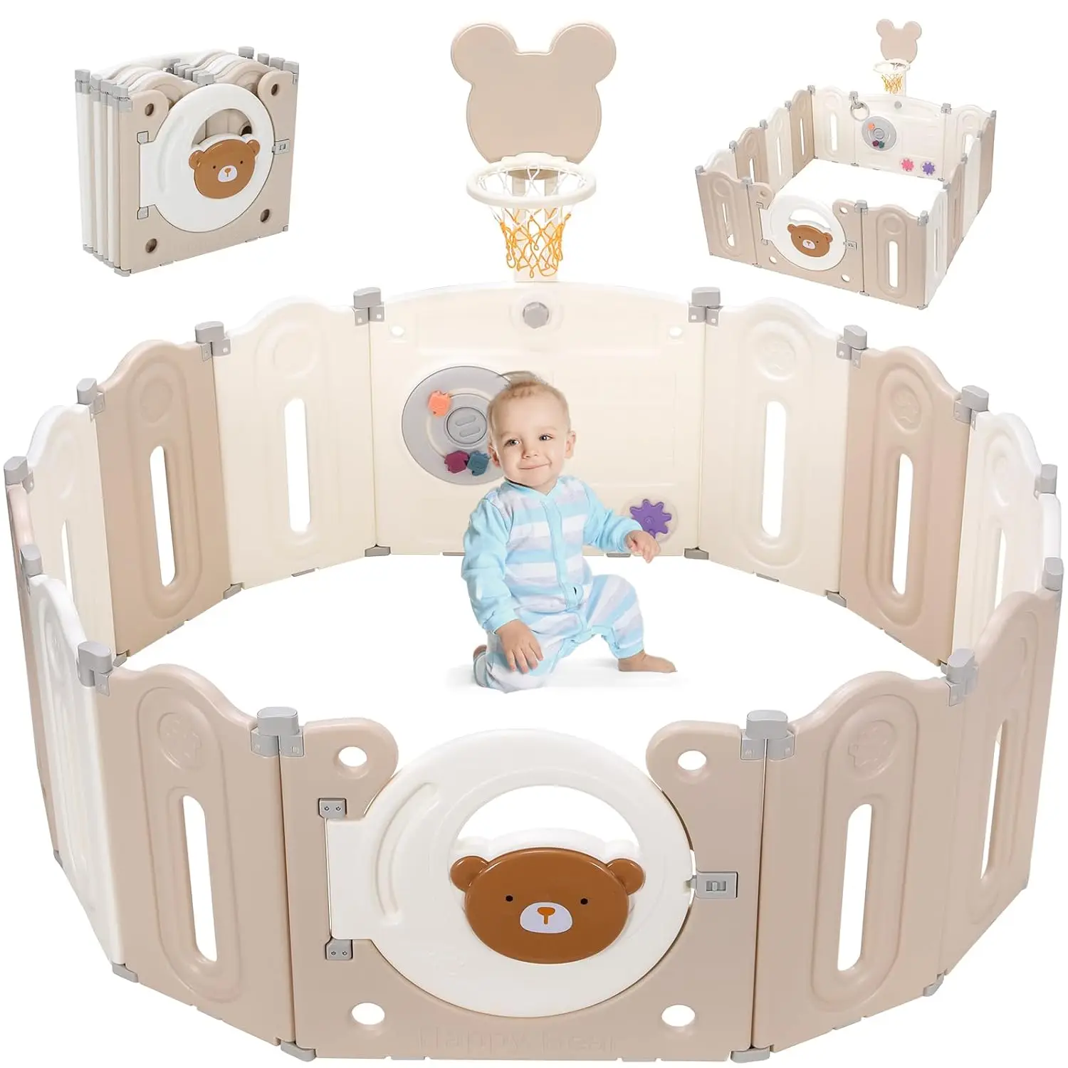 Foldable Baby Playpen 14-Panel Baby Fence Kids Activity Center Safety Play Yard with Basketball Hoop and Toy Board