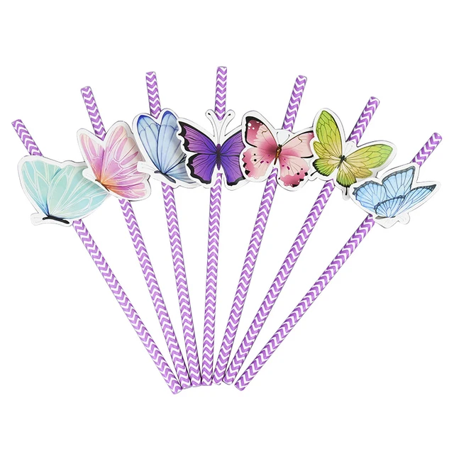 Beautiful Butterfly - Paper Straw Decor - Floral Baby Shower or Birthday  Party Striped Decorative Straws - Set of 24